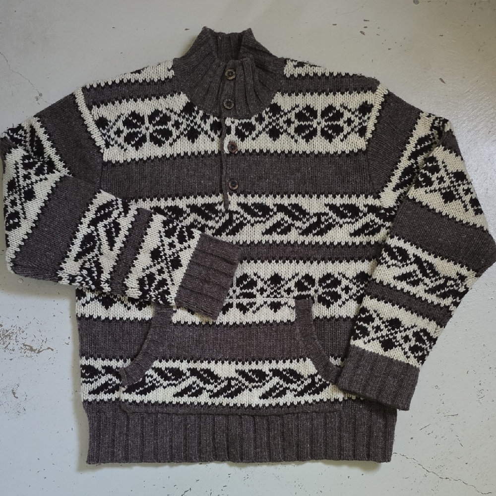 Y2K Hollister Co Men's 100% Wool Ski Sweater Quarter Button Up Brown Taupe M